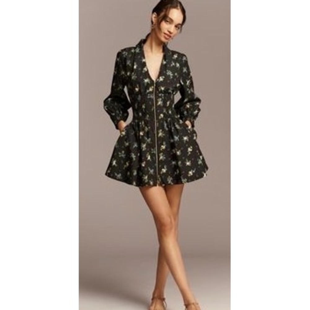 Maeve Anthropologie Tommie Mini Shirtdress Black Floral Smocked Waist Cotton